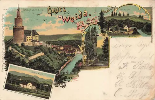 Gruss aus Weida Schloss Osterburg und Aumühle Thüringen Litho Postkarte AK 1899