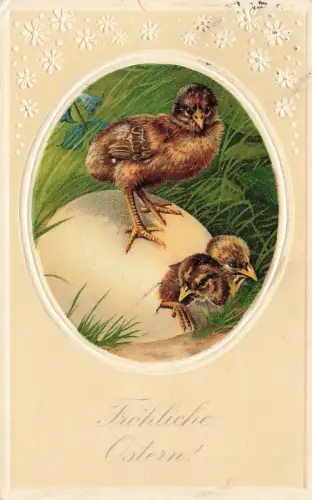 Fröhliche Ostern Küken Ei Rasen schlüpfen Postkarte AK 1913