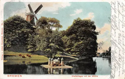 Bremen Wallanlagen mit der Mühle Postkarte AK 1903