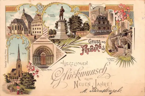 Gruss aus Freiberg Sachsen Bismarck Denkmal Kirche Lithographie 1900