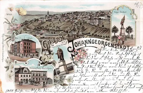 Gruss aus Johanngeorgenstadt Schule Waarenhaus Litho AK 1898