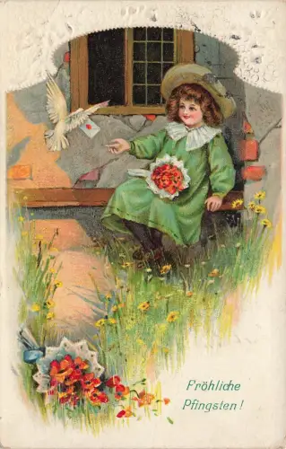 Fröhliche Pfingsten! Brieftaube Brief Mädchen Blumen Postkarte AK 1914