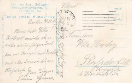 Gruß aus dem "Hofjäger" Berlin Königgrätzerstr. 121 Feldpost AK 1916