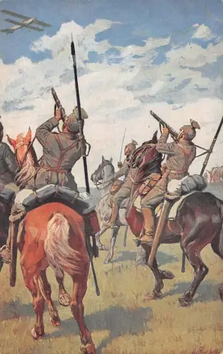 Ulanen beschießen ein feindliches Flugzeug, Rot Kreuz Patriotika Postkarte AK