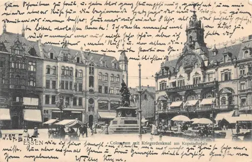 Essen, Coluseum mit Kriegerdenkmal am Kopstadtplatz, Postkarte 1905