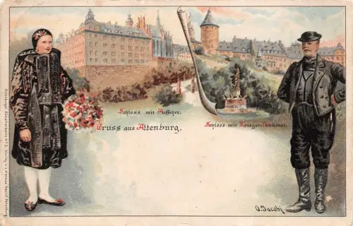 Gruss aus Altenburg Schloss mit Auffahrt Krieger-Denkmal AK 1911