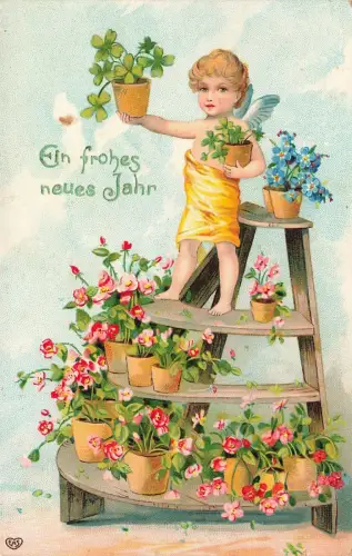 Ein frohes neues Jahr Blumentöpfe Kleeblätter Engelskind Postkarte AK