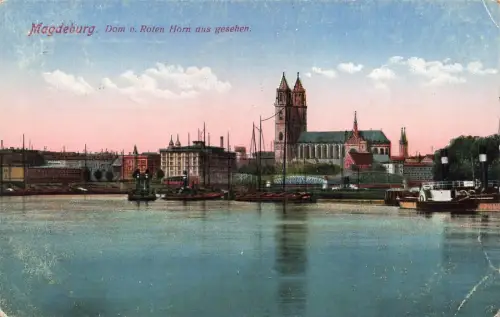 Dom vom Roten Horn aus gesehen Magdeburg Sachsen-Anhalt Postkarte AK 1920