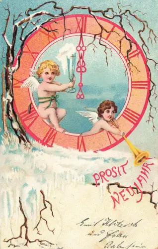 Prosit Neujahr Uhr Engelskinder Schnee Baum Postkarte AK 1905