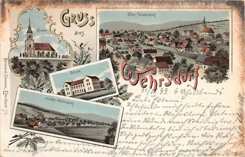 Gruß aus Wehrsdorf mit Schule, Kirche Sachsen Litho Postkarte AK 1899