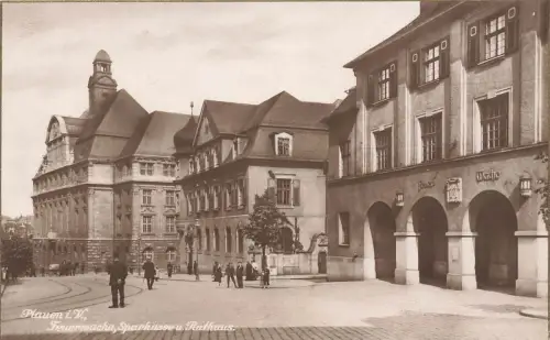 Feuerwache, Sparkasse und Rathaus Plauen Vogtland Sachsen Postkarte AK