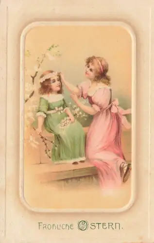 Fröhliche Ostern Mädchen Kleider Blüten Postkarte AK 1916