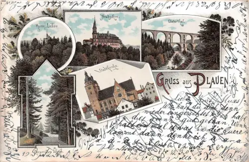 Gruss aus Plauen i/V. Elsterthal Hradschin Ruine Liebau Stadtk. Litho AK 1897