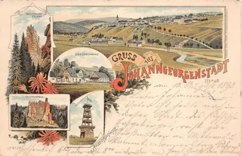 Gruss aus Johanngeorgenstadt Dreckschenke , Teufelstein Litho AK 1898