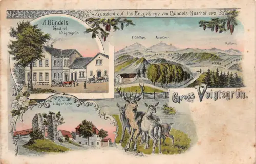 Gruss aus Voigtsgrün Hirschfeld Gasthof A. Gündels Litho AK 1912