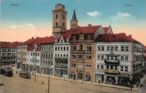 Straßenbahn bei Marktplatz Konditorei Zittau Sachsen Postkarte AK 1915