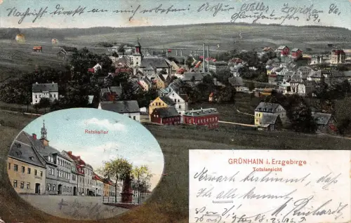 Grünhain i. Erzgebirge Totalansicht Ratskeller Postkarte AK 1923