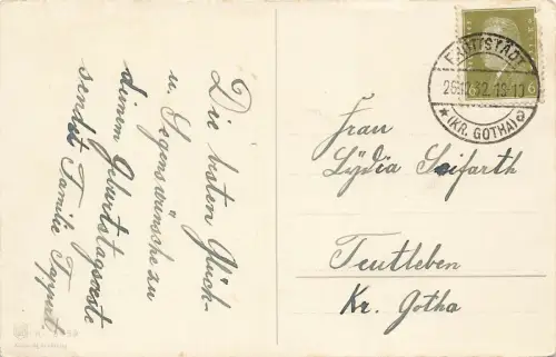 Herzlichen Glückwunsch zum Geburtstage Tisch gedeckt Geschirr Postkarte AK 1932