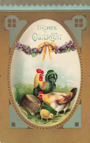 Frohes Osterfest Hühner Küken Osterei Blumen Schleife Postkarte AK