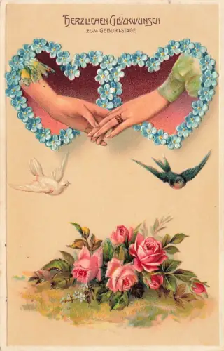 Herzlichen Glückwunsch zum Geburtstage Hände Ring Vögel Rosen Feldpostkarte 1916