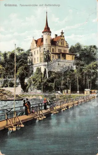 Grimma Tonnenbrücke mit Gattersburg Postkarte 1908