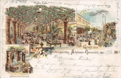 Schönau - Chemnitz Sachsen Restaurant Wintergarten Litho Postkarte 1897