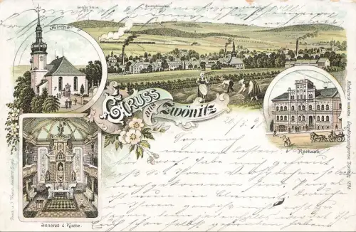 Gruss aus Zwönitz Kirche und Inneres, Rathaus Sachsen Litho Postkarte AK 1898