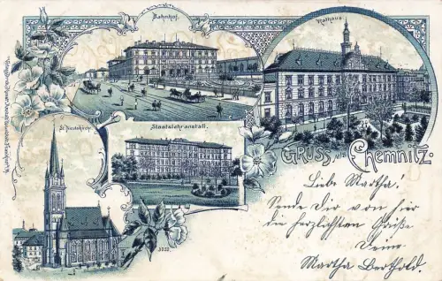 Gruss aus Chemnitz mit Bahnhof, Lehranstalt Sachsen Litho Postkarte AK 1901
