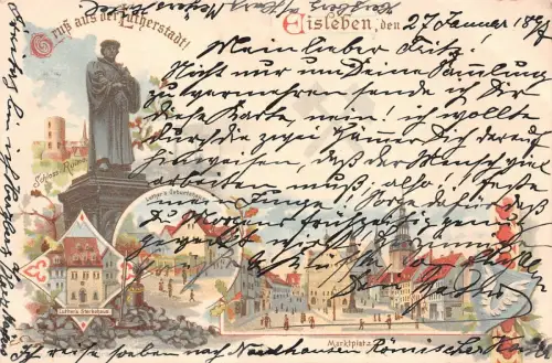 Gruss aus der Lutherstadt Eisleben Marktplatz Luthers Geburtshaus AK 1897