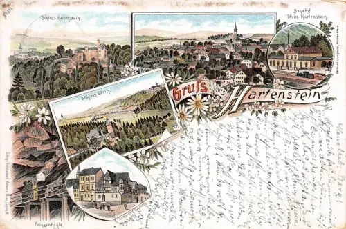 Gruss aus Hartenstein Bahnhof, Ecke des Marktes Litho AK 1896