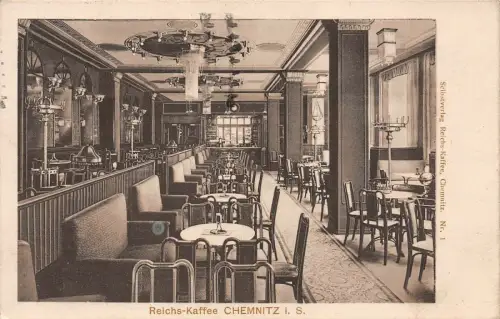 Innenansicht vom Reichs-Kaffee Chemnitz Sachsen Postkarte AK 1926