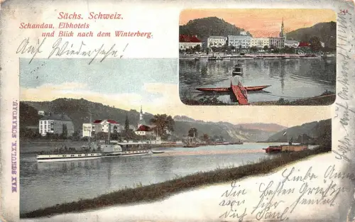 Sächs. Schweiz Schandau Elbhotels und Blick nach dem Winterberg Feldpost AK 1915