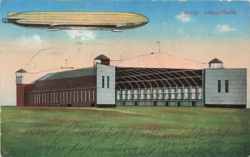 Zeppelin und Luftschiffhalle in Leipzig Sachsen Postkarte AK 1916