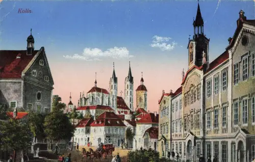 Straßenansicht und Kirche Kolin Böhmen Postkarte AK 1916