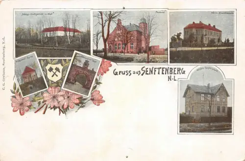 Gruss aus Senftenberg N.-L. Postamt Schloss (Amtsgericht) m. Wall Postkarte AK
