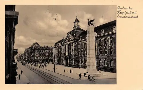 Karlsruhe Hauptpost mit Grenadierdenkmal AK 1934