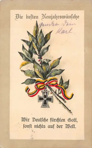 Die besten Neujahreswünsche Patriotika mit Ek2 Postkarte AK 1914