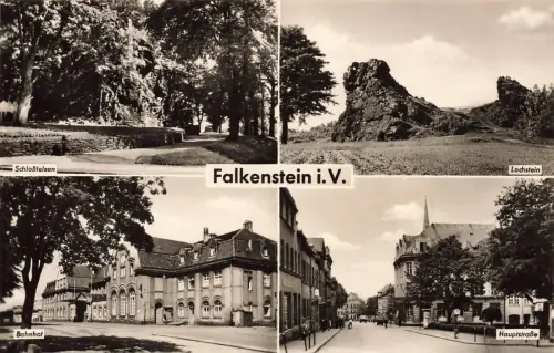 Bahnhof und Hauptstraße in Falkenstein Vogtland Sachsen Postkarte AK