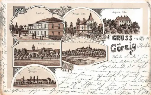 Gruß aus Görzig Strehla mit Villa, Gasthof und Schloss Sachsen Litho AK 1905