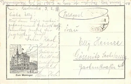 Haupt-Ausschank Wiener Kaffee Zum Moniger Karlsruhe Feldpostkarte AK 1918