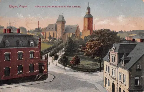 Geyer Erzgeb. Blick von der Schule nach der Kirche Postkarte AK