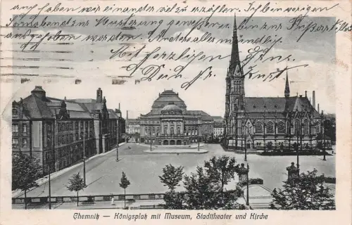 Chemnitz Königsplatz mit Museum, Stadttheater und Kirche AK 1918
