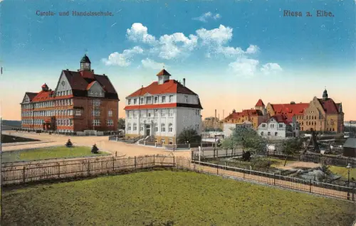 Riesa a. Elbe Carola- und Handelsschule Postkarte AK
