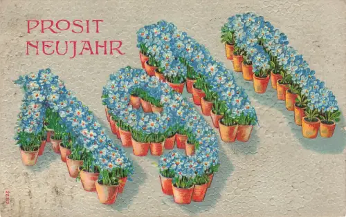Prosit Neujahr 1911 Blumen Töpfe Postkarte AK 1910
