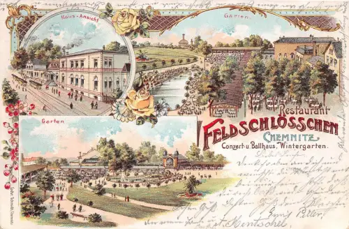 Chemnitz Sachsen Restaurant Feldschlösschen Lithographie 1900