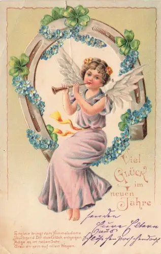 Viel Glück im neuen Jahre Mädchen Engel Flügel Blumen Postkarte AK 1903