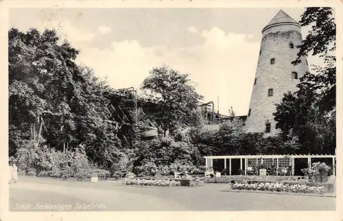 Städt. Badeanlagen Salzelmen Partie am Soleturm Postkarte AK 1941