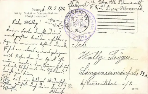 Posen Königliches Schloß Oberpostdirektion Landschaft AK 1916