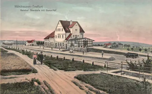 Bahnhof Oberdorla mit Gunzelhof Treffurt Künstlerkarte Thomasizek Thüringen AK