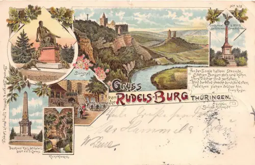 Gruss von Rudels - Burg Thüringen Denkmal, Burg Litho Postkarte 1899